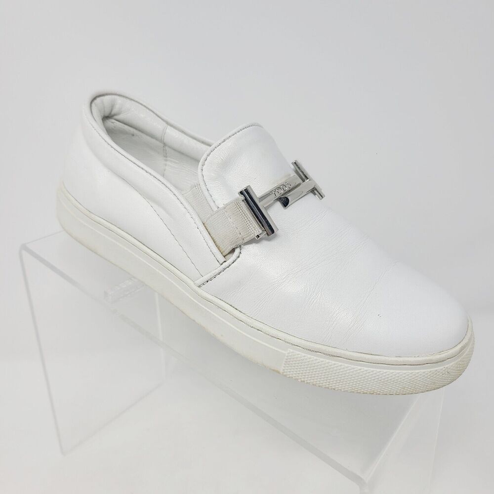 TOD'S Authentic All White Leather Flats Loafers Slip On Shoes Sneakers sz 7